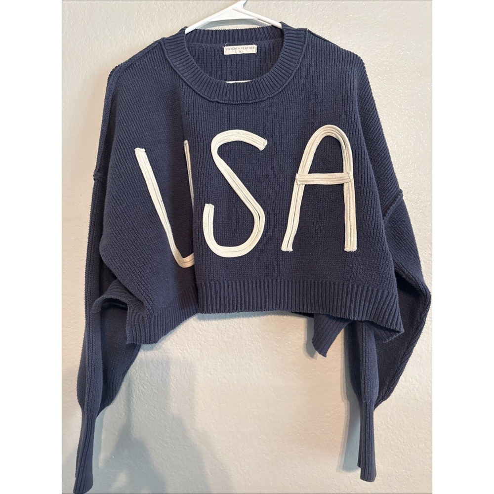 Stitch + Feather USA Cropped Knit Pullover Sweater Navy Blue Size M Coastal